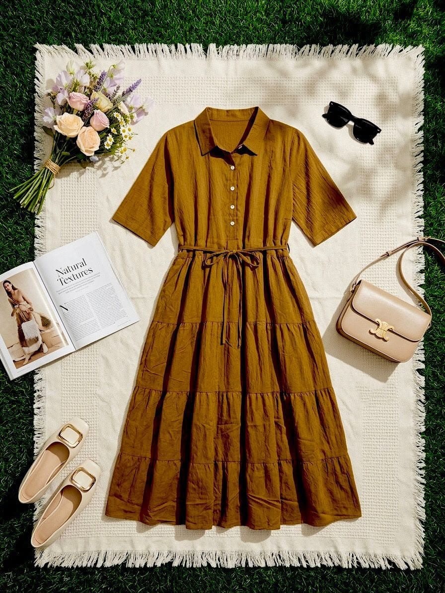 Tiered Shirt Dress with Cinched Drawstring Waist